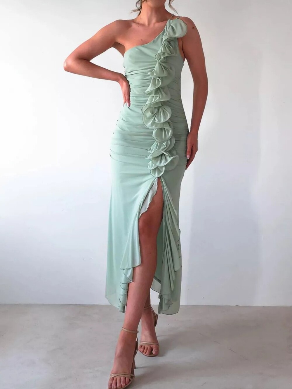 One-Shoulder Ruffle Slit Dress - Picture 3 of 5